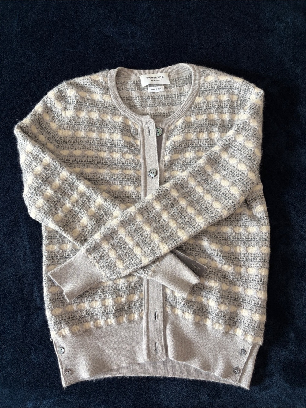 Thom Browne Cream and Light Gray Striped Textured Cardigan